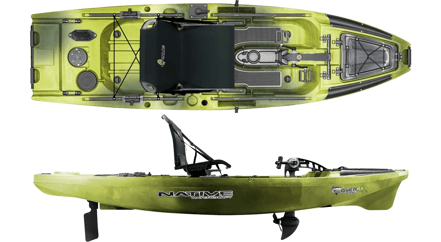 Native Watercraft Slayer Propel 10 MAX pedalinis kajakas iš viršaus ir šono