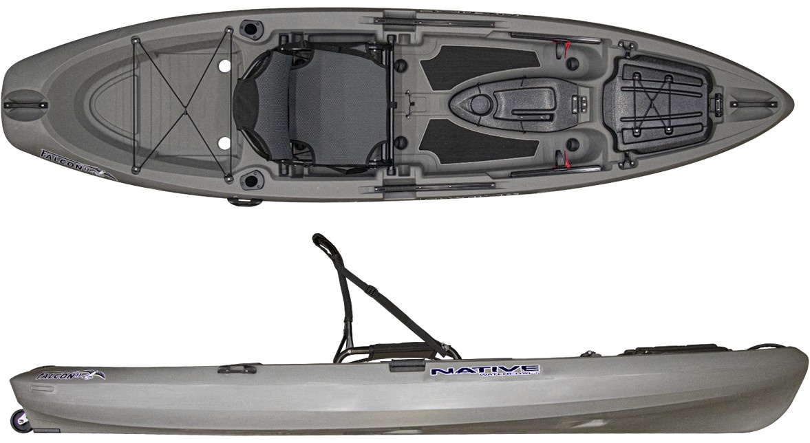 Native Watercraft Falcon 11 žvejybinis kajakas iš viršaus ir šono
